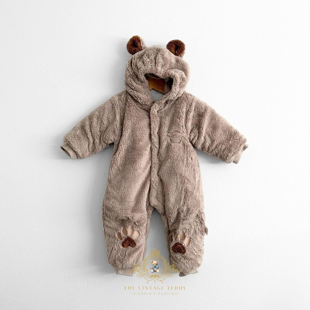 NWT Cute Teddy Bear Plush One-Piece Bodysuit Hooded Romper Warm & Comfy 6-9M